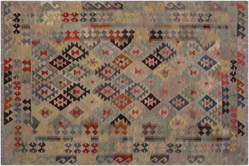 Flat Weave Kilim, Antique, Navaho, Vintage, Handmade, Geometric Kilim Gray Pink Hand-Woven Rectangle 100% Wool Area Rug 6 x 8
